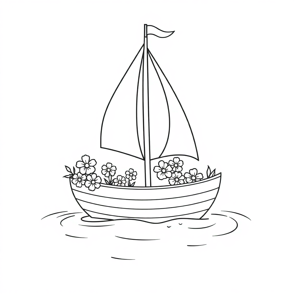 Sailboat On Water With Flowers Coloring Page