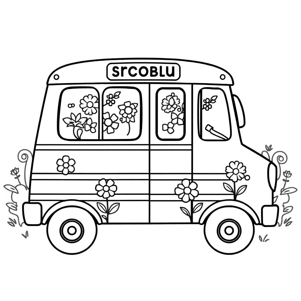 School Bus With Flowers Coloring Page