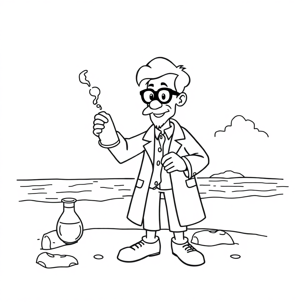 Scientist With Beaker On Beach Coloring Page