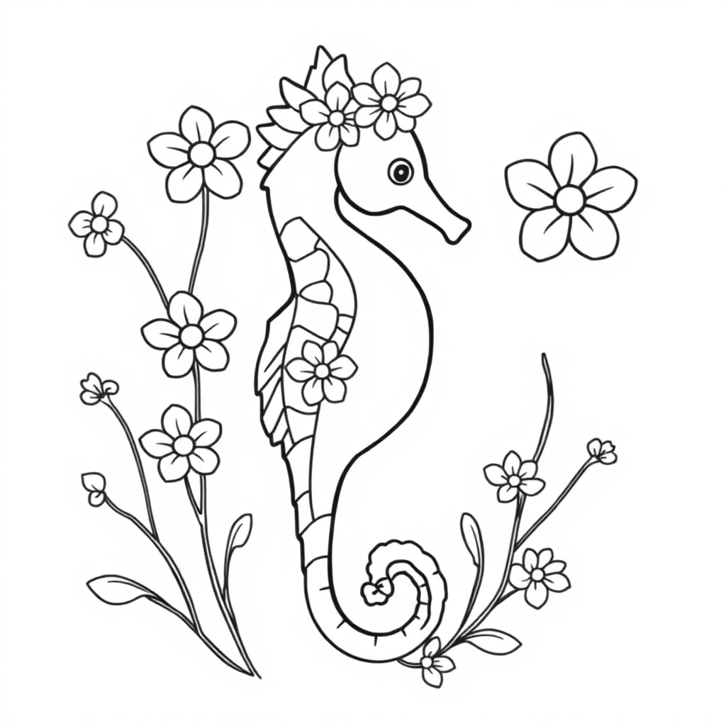 Seahorse With Flowers Coloring Page