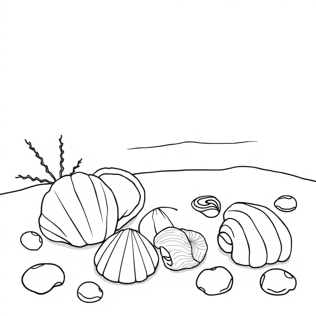 Seashells On Beach In Winter Coloring Page