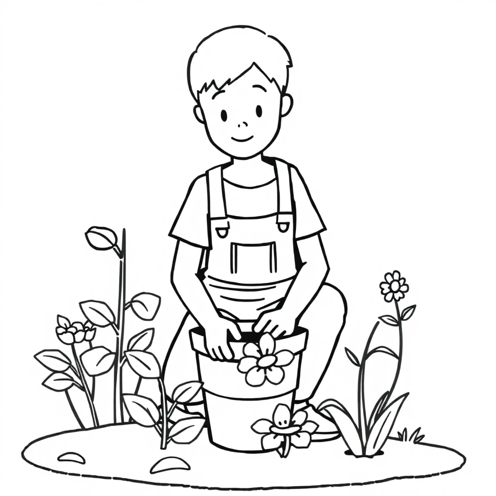 Simple Gardener Planting Coloring Page