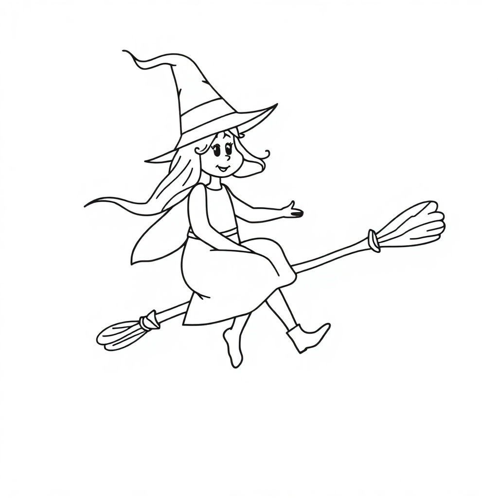 Simple Witch On Broomstick Coloring Page