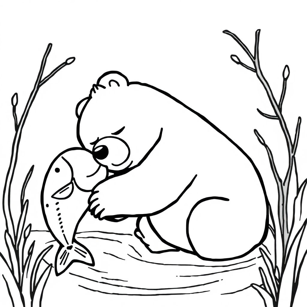 Sleepy Bear Catching Fish Coloring Page