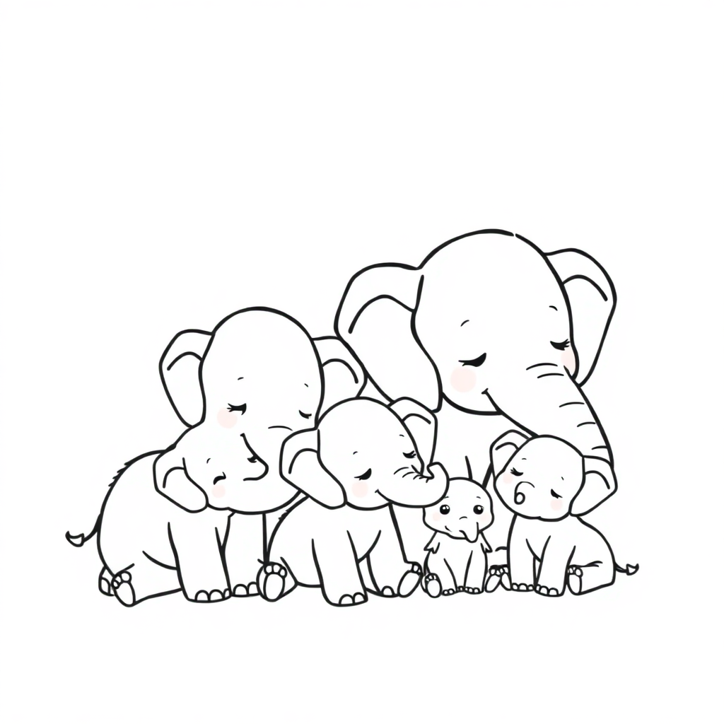 Sleepy Elephant Family Coloring Page