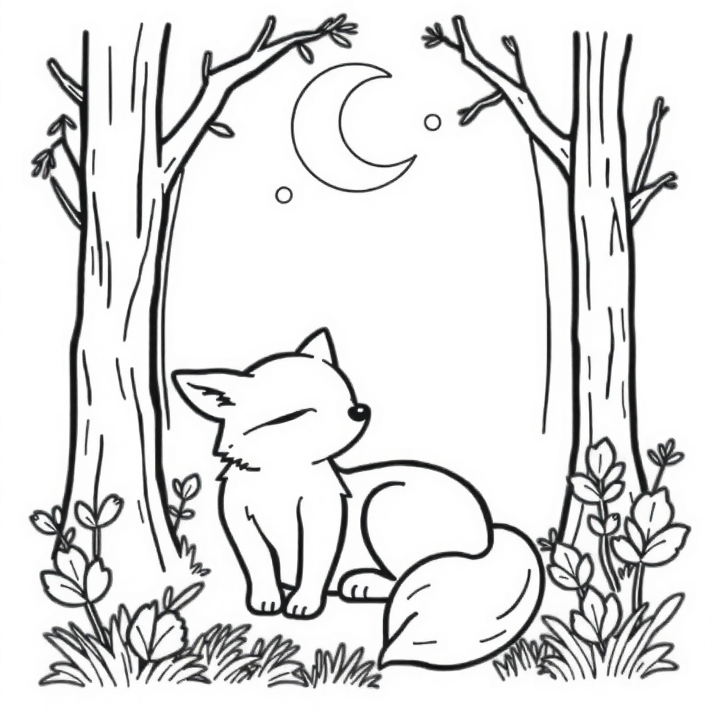 Sleepy Fox In Forest Coloring Page