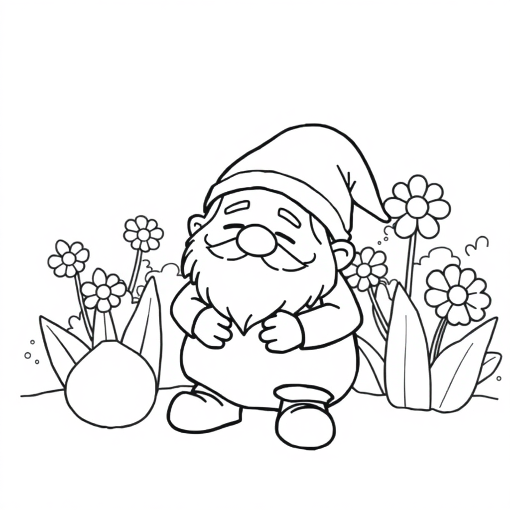 Printable Sleepy Gnome In Garden Coloring Page