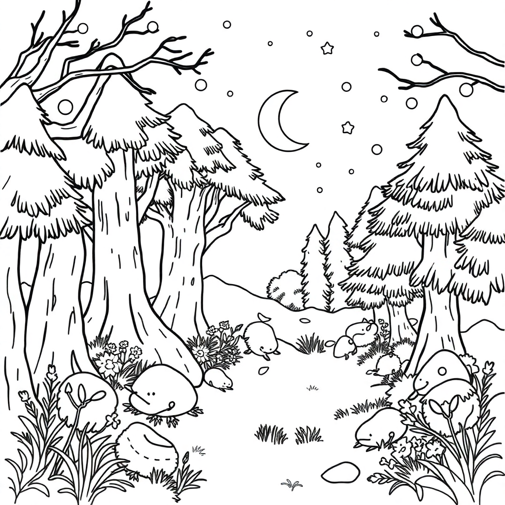 Sleepy Magical Forest Coloring Page