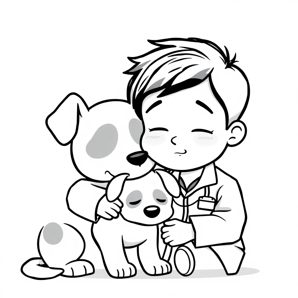 Sleepy Veterinarian With Pet Coloring Page