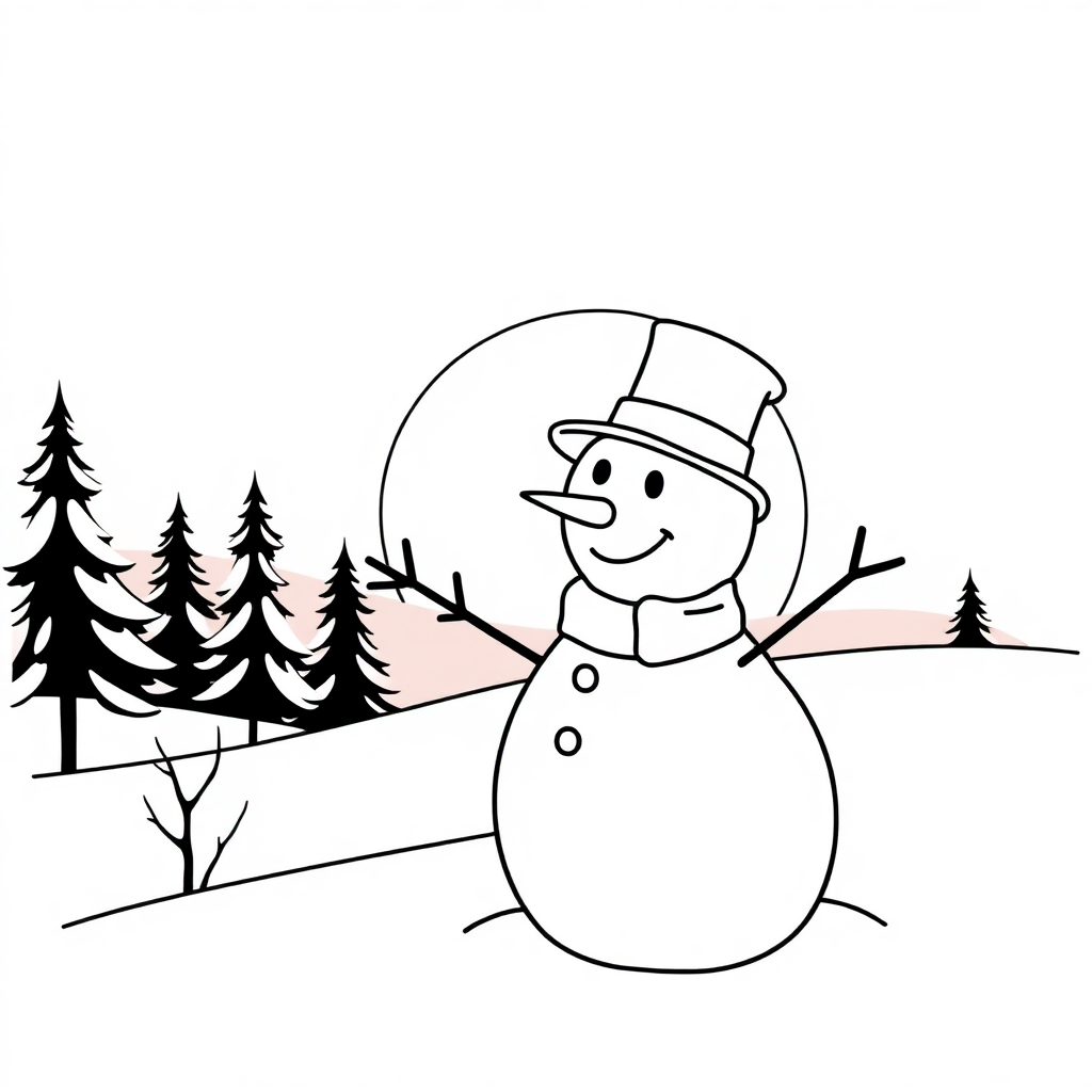 Snowman With Hat At Sunset Coloring Page