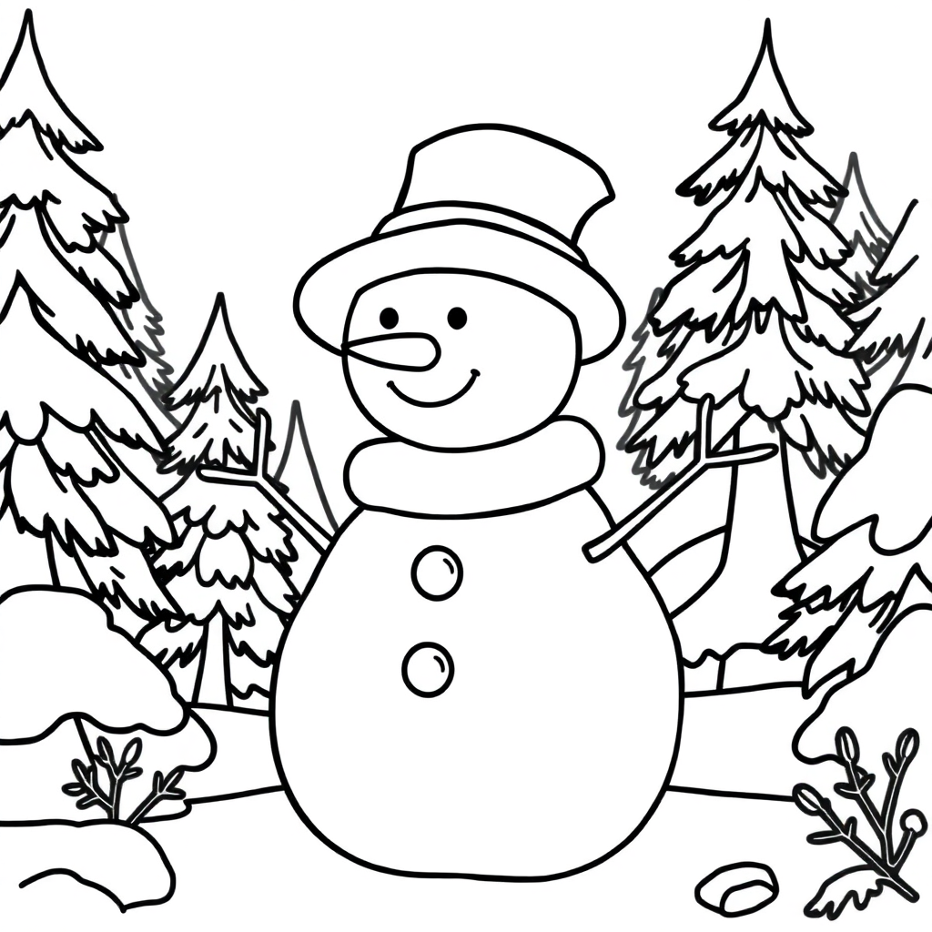 Snowman With Hat In Forest Coloring Page