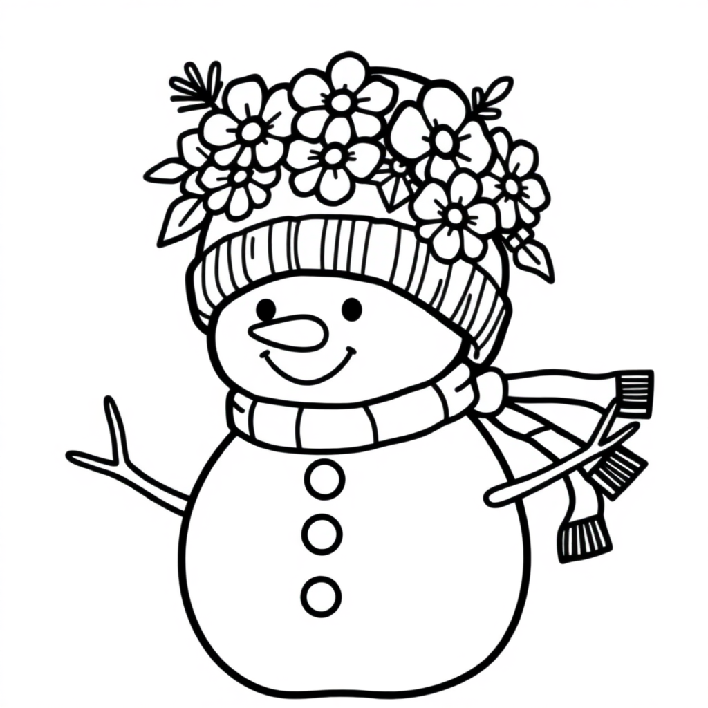 Snowman With Hat With Flowers Coloring Page