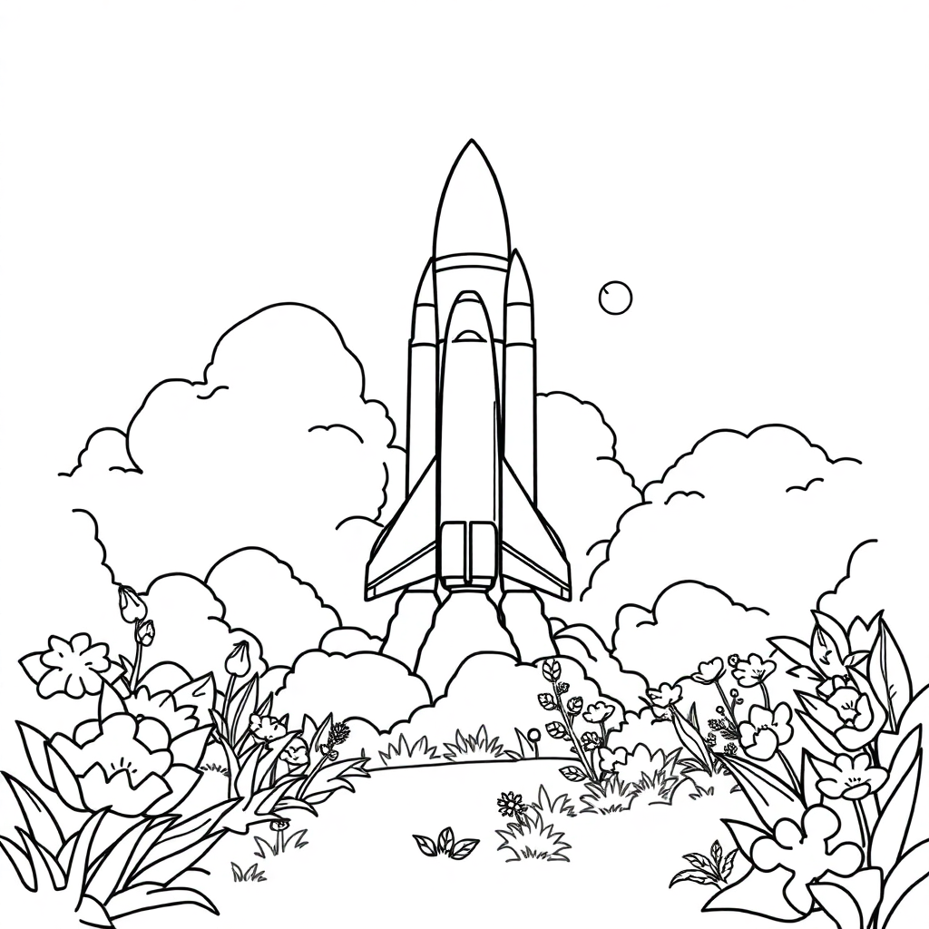 Space Shuttle Launch In Garden Coloring Page