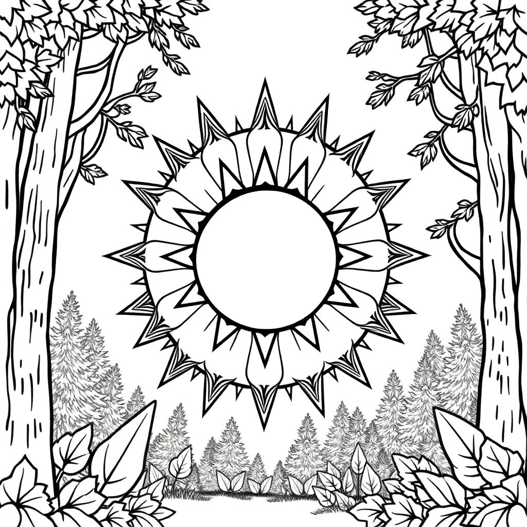 Sun And Moon Mandala In Forest Coloring Page