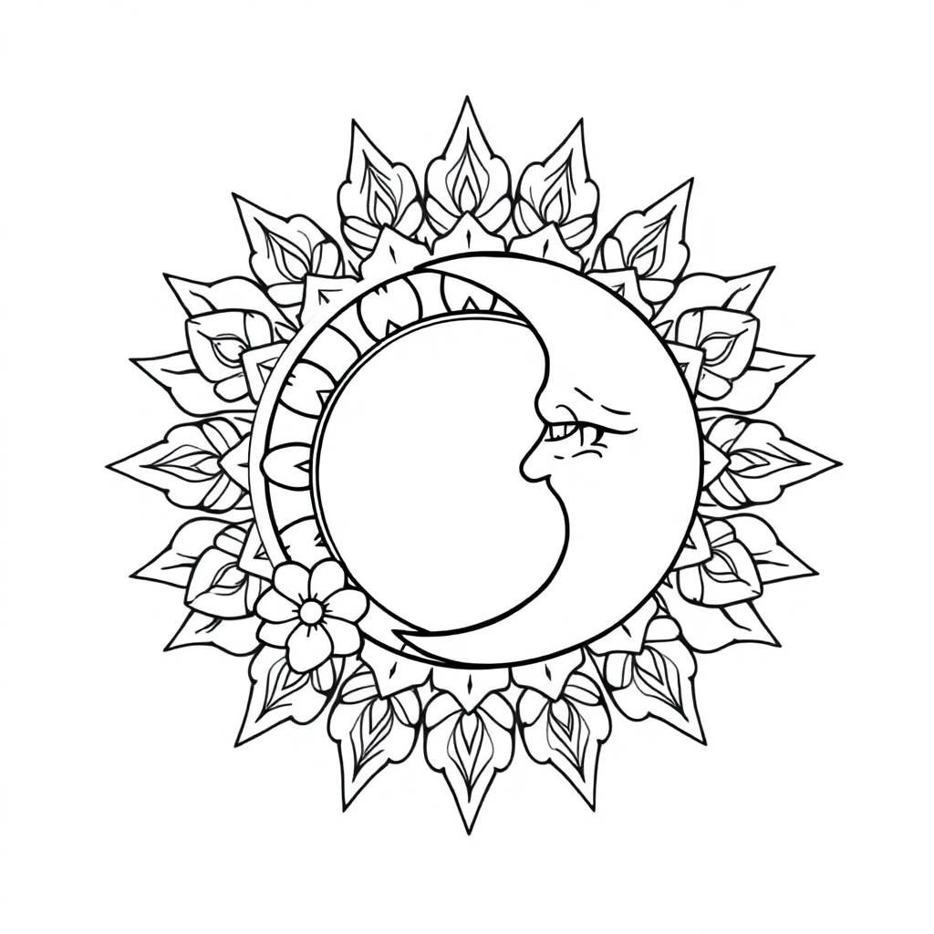 Sun And Moon Mandala With Flowers Coloring Page