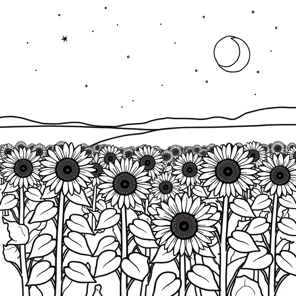 Sunflower Field At Night Coloring Page