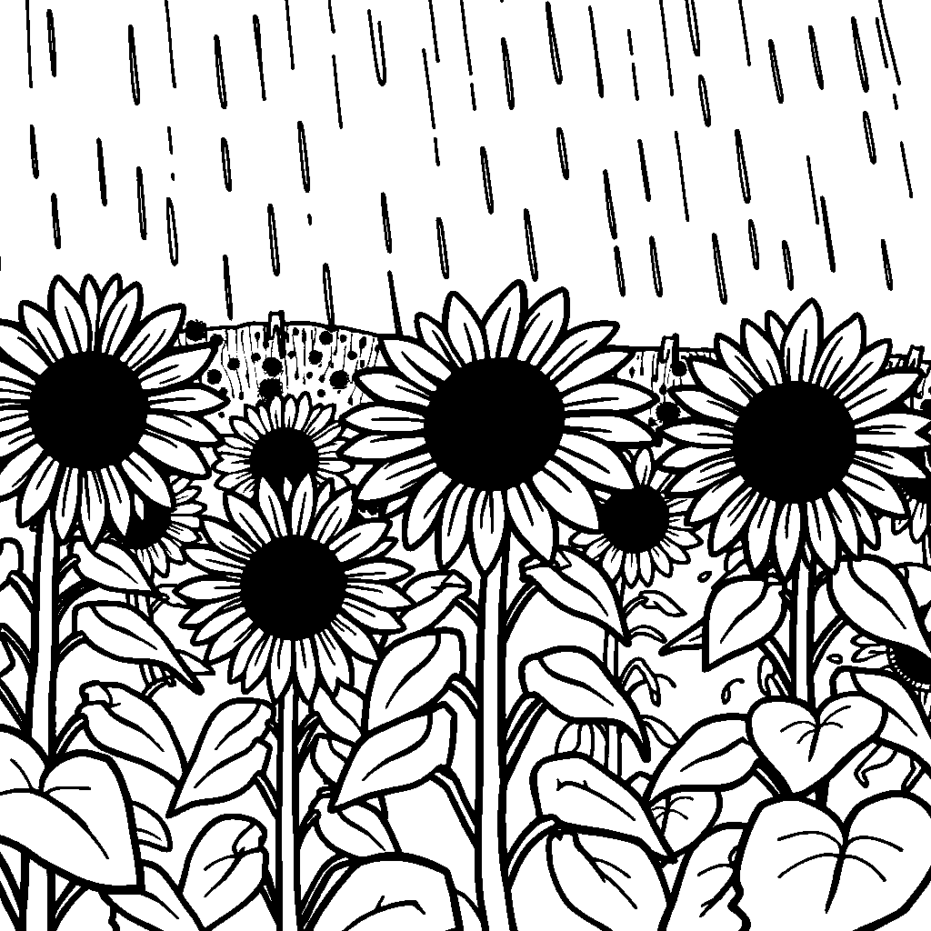 Sunflower Field In Rain Coloring Page