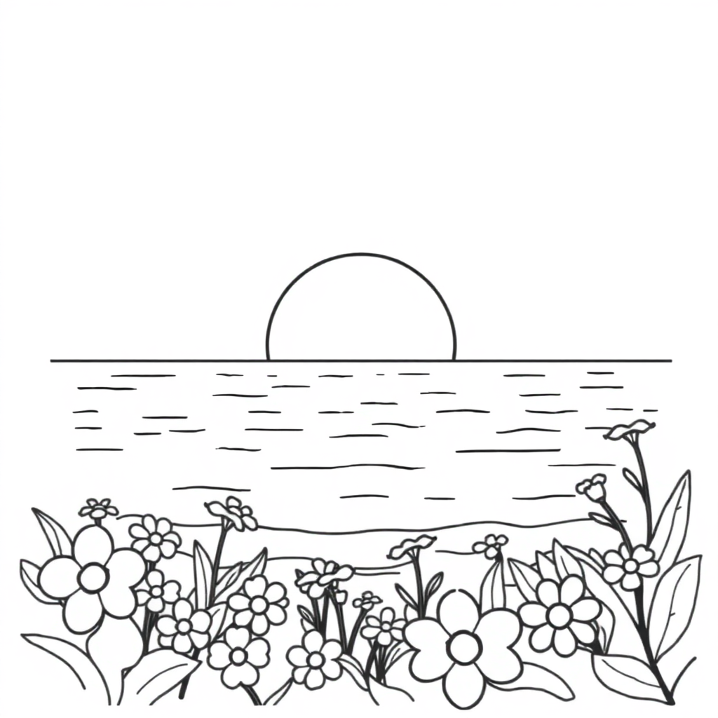 Sunset Over Ocean With Flowers Coloring Page