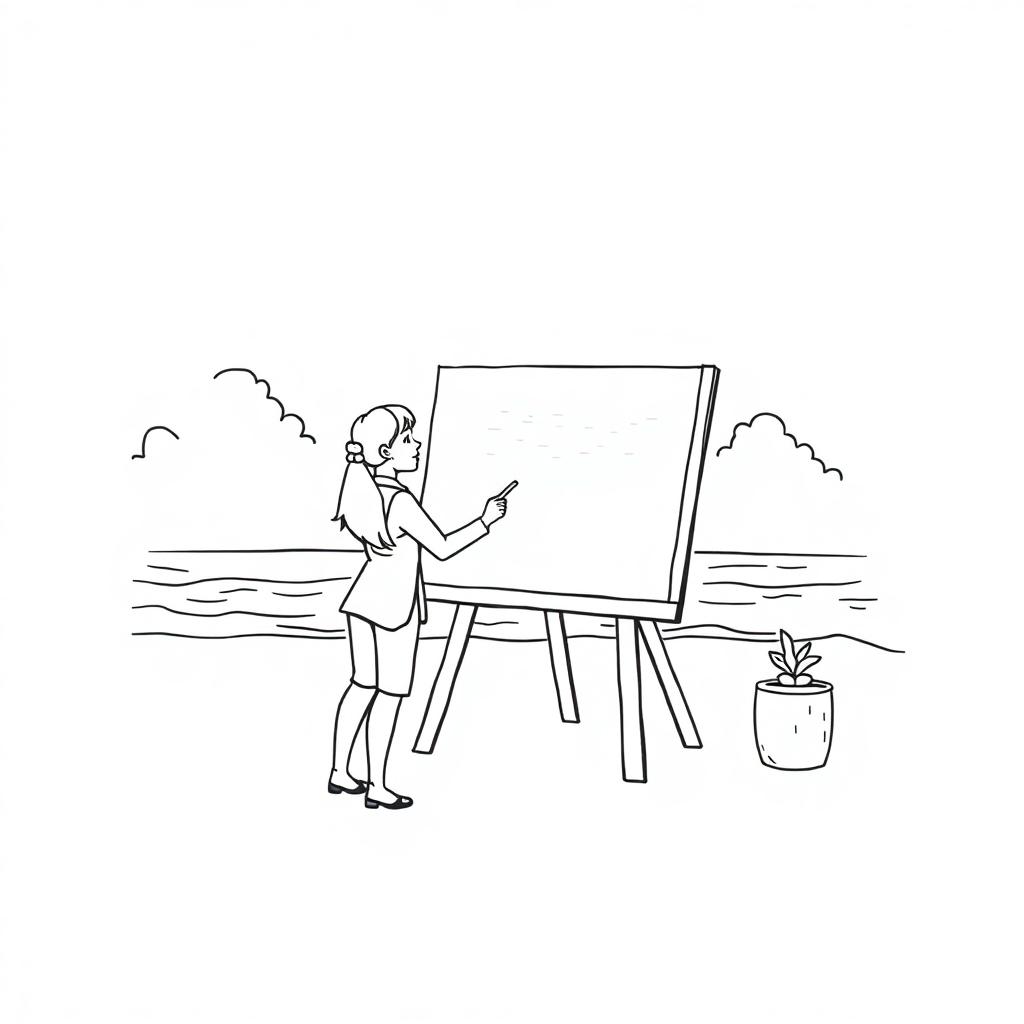 Teacher At Blackboard On Beach Coloring Page