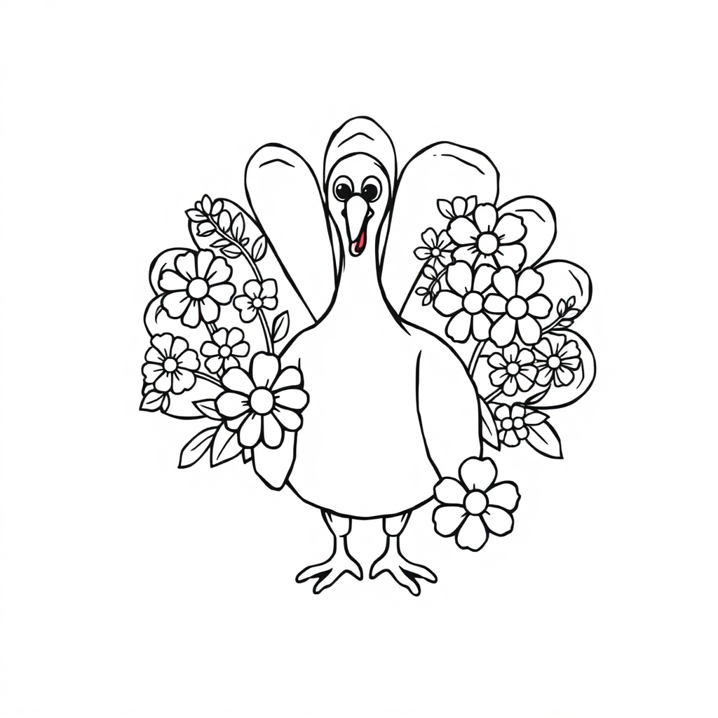 Thanksgiving Turkey With Flowers Coloring Page