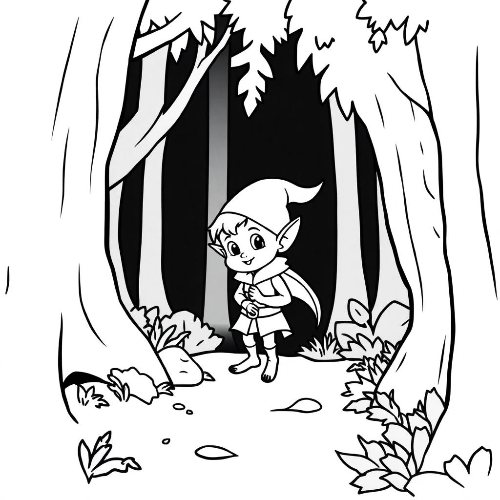 Tiny Elf In Forest Coloring Page
