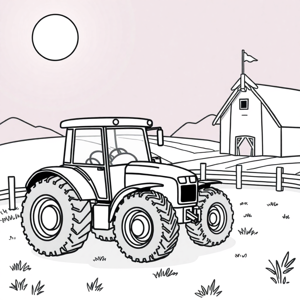 Tractor On Farm At Night Coloring Page