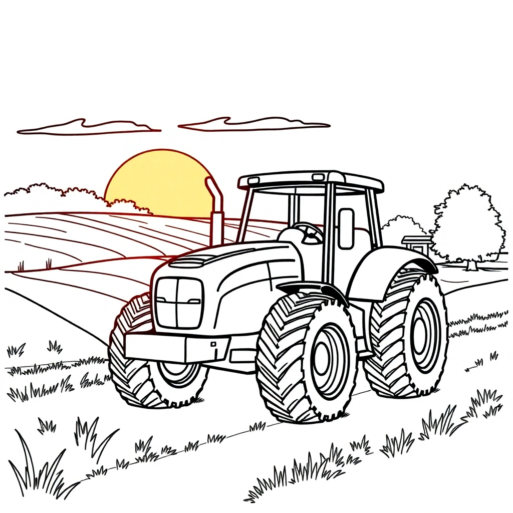 Tractor On Farm At Sunset Coloring Page