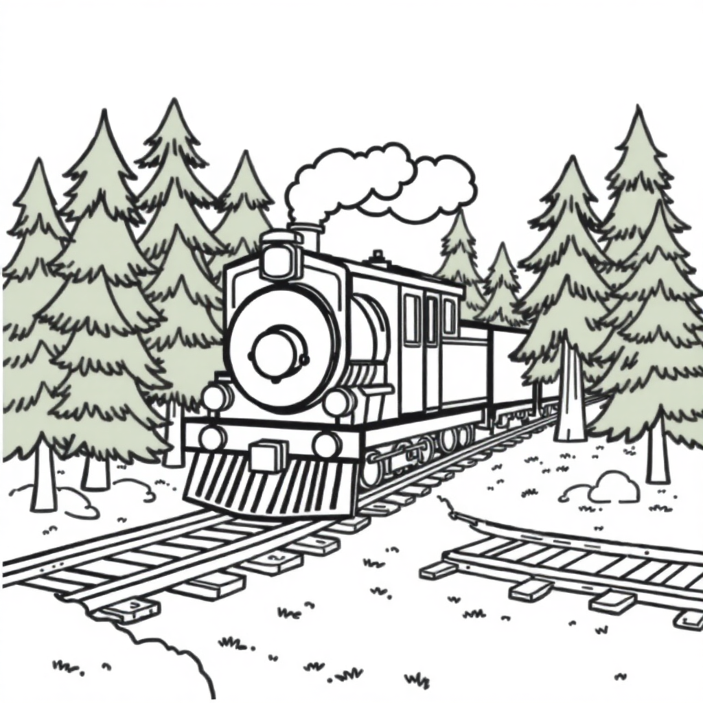 Train On Tracks In Forest Coloring Page
