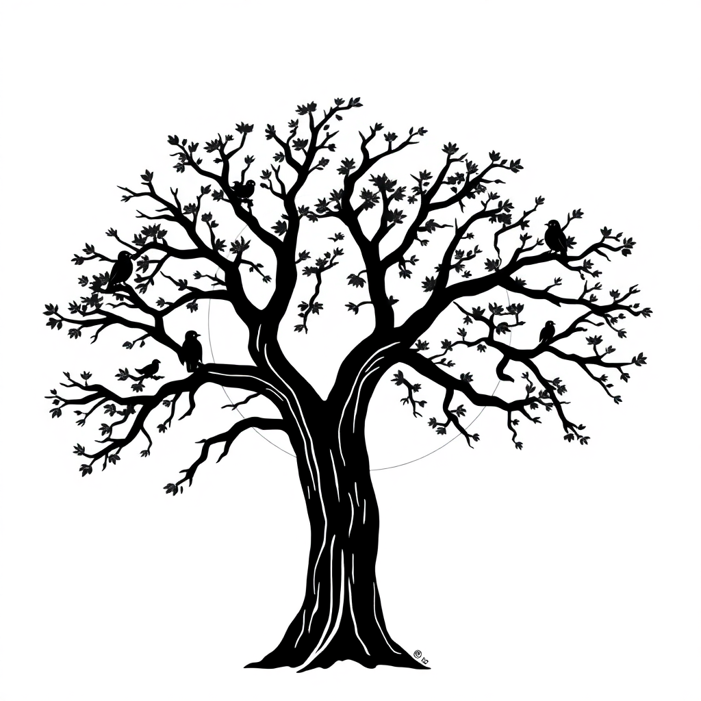 Tree With Birds At Sunset Coloring Page