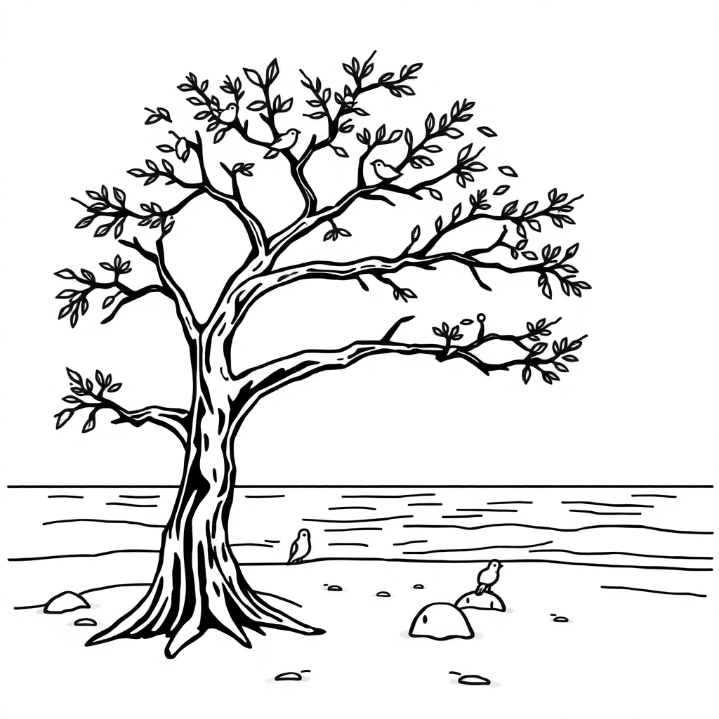 Tree With Birds On Beach Coloring Page
