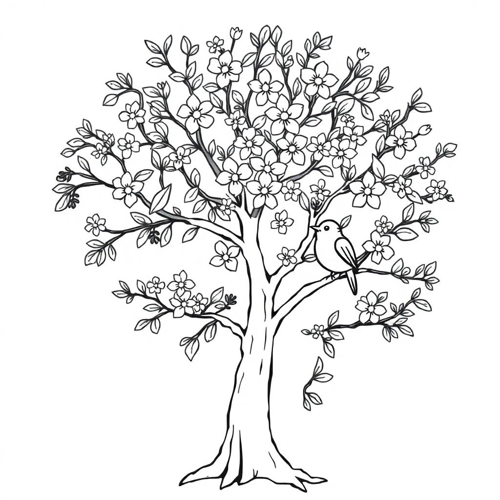 Tree With Birds With Flowers Coloring Page