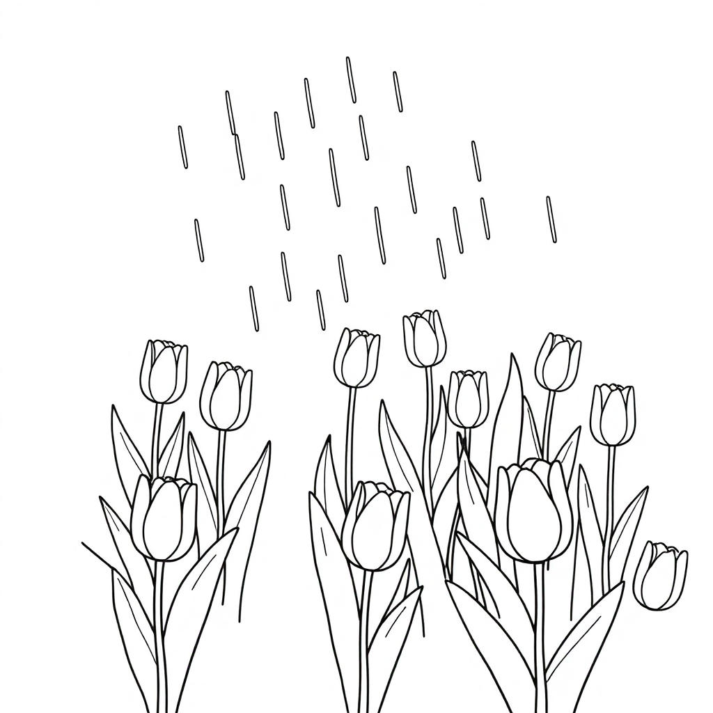 Tulip Garden In Rain Coloring Page
