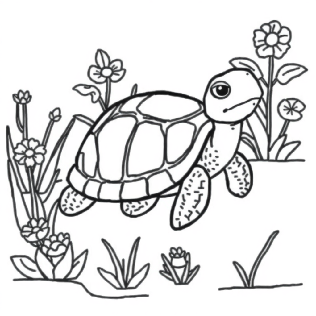 Turtle Swimming In Garden Coloring Page