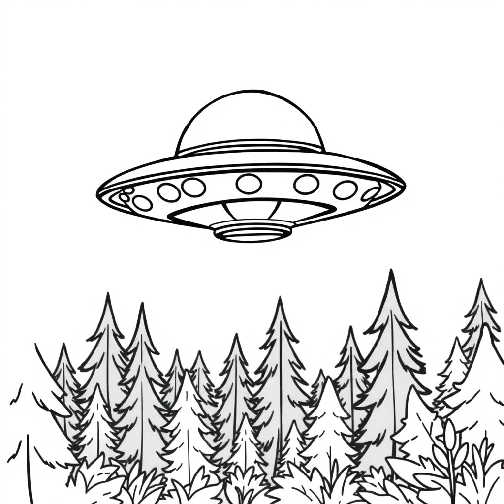 Ufo Flying Saucer In Forest Coloring Page