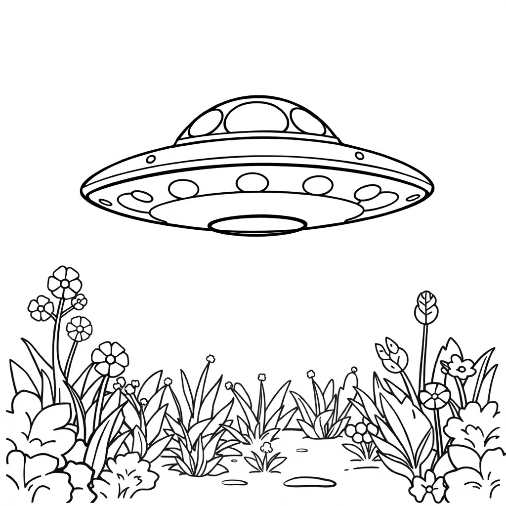 Ufo Flying Saucer In Garden Coloring Page