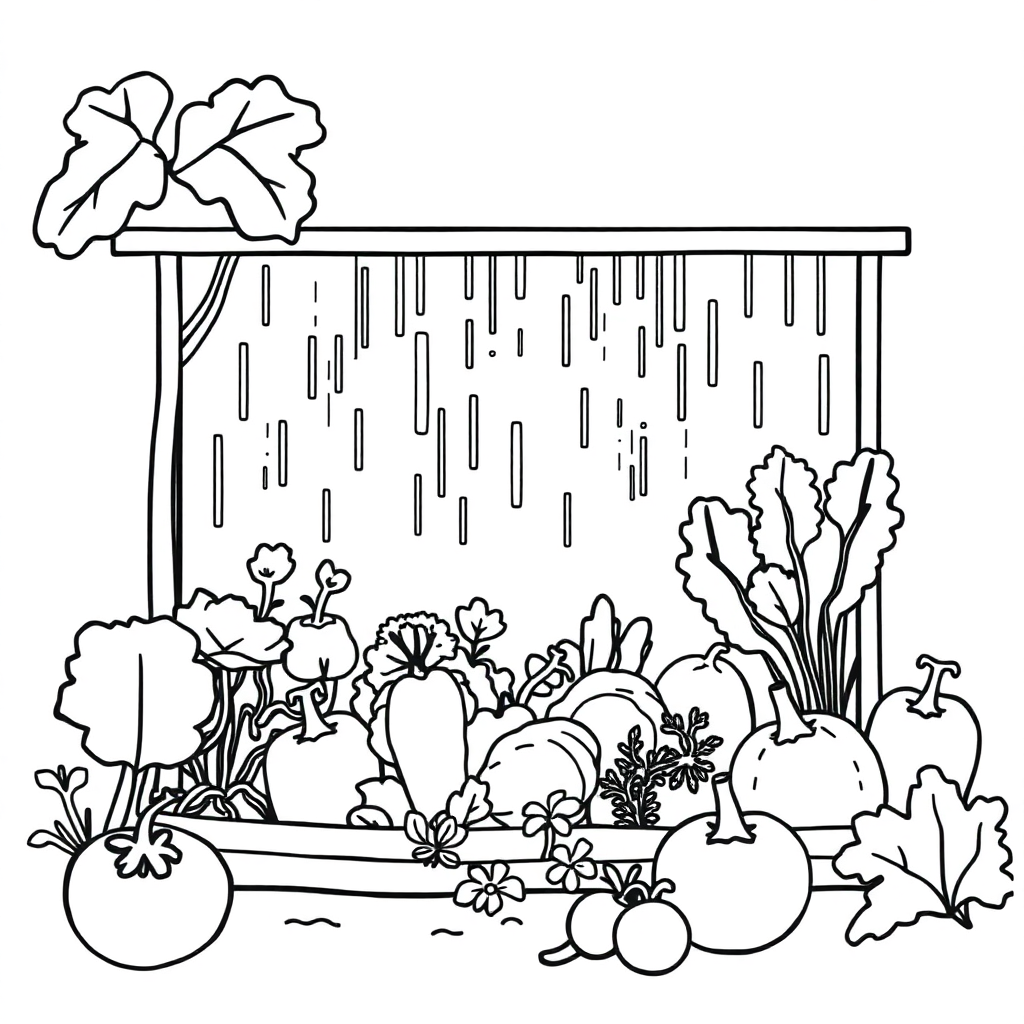 Vegetable Garden In Rain Coloring Page