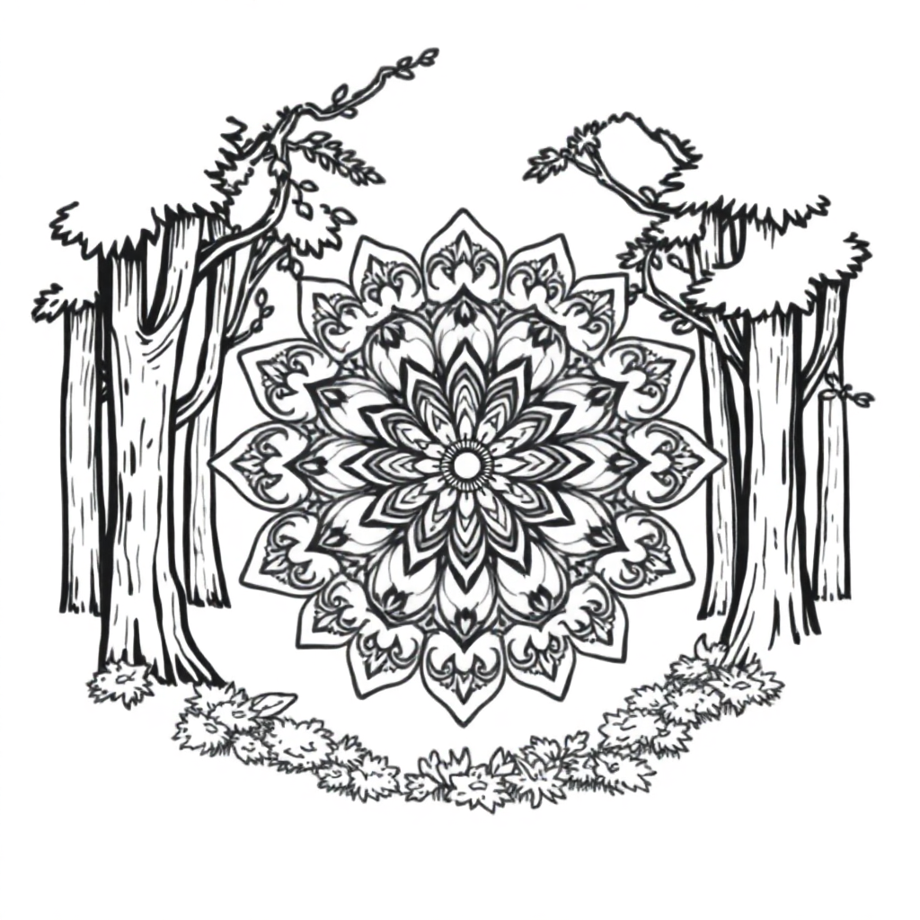 Vintage Lace Mandala In Forest Coloring Page