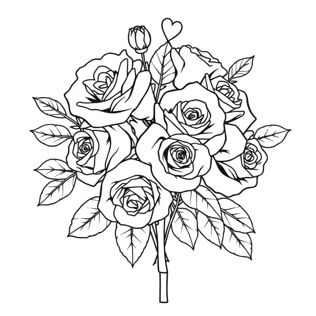 Vintage Rose Bouquet Valentines Coloring Page