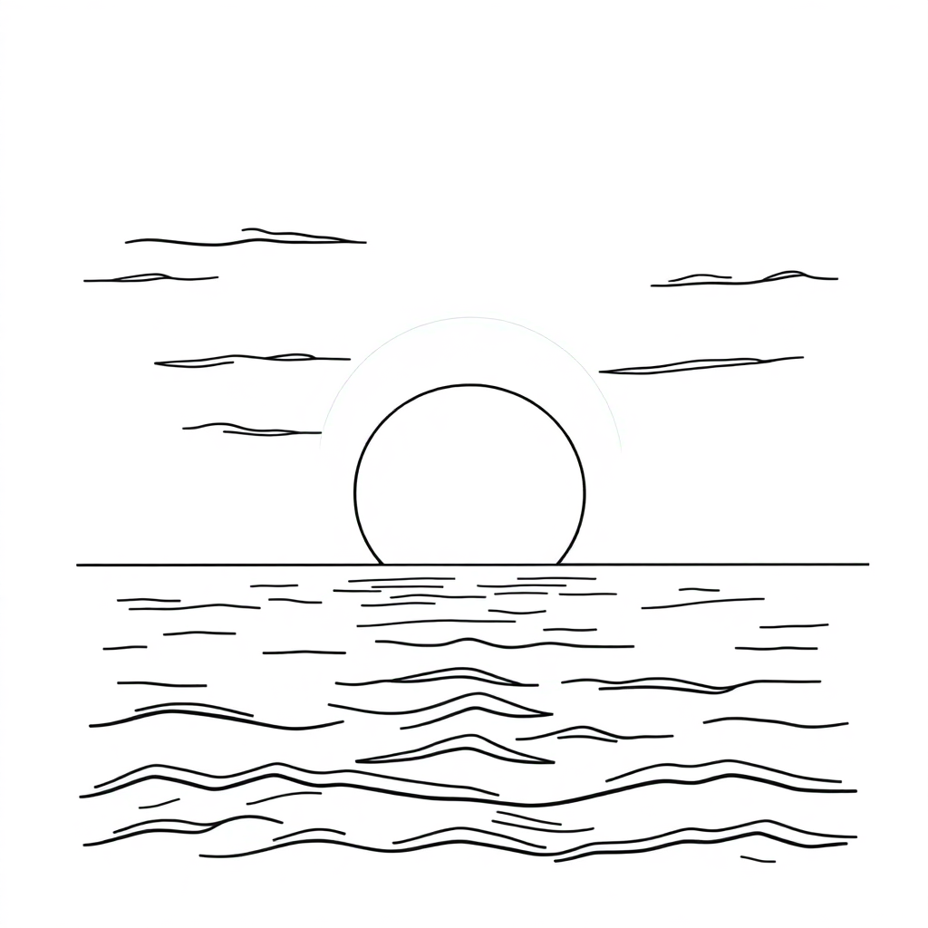 Vintage Sunset Over Ocean Coloring Page