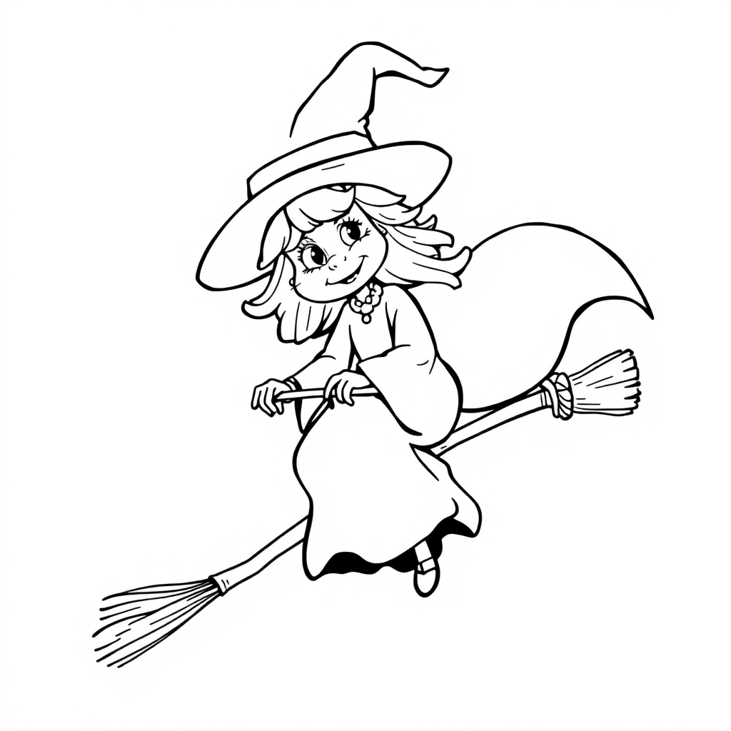 Vintage Witch On Broomstick Coloring Page