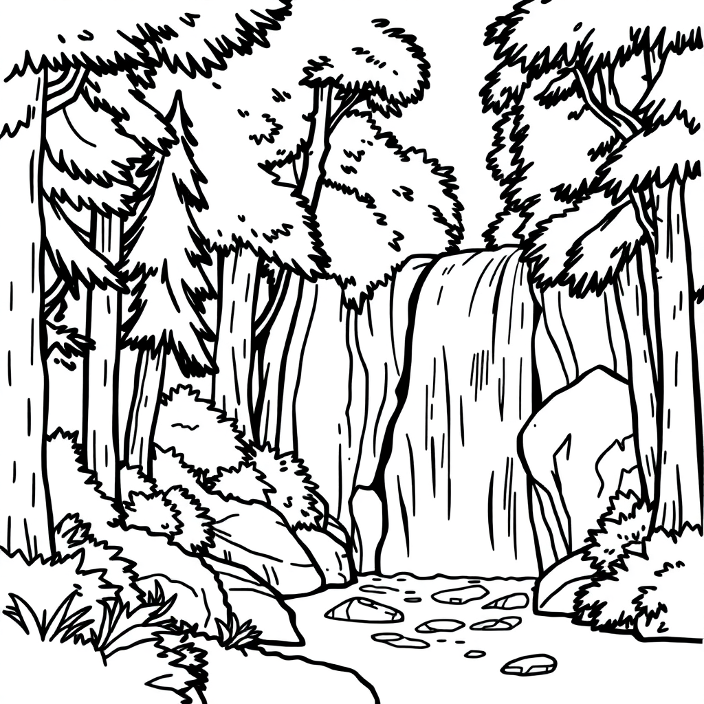 Waterfall Scene In Forest Coloring Page