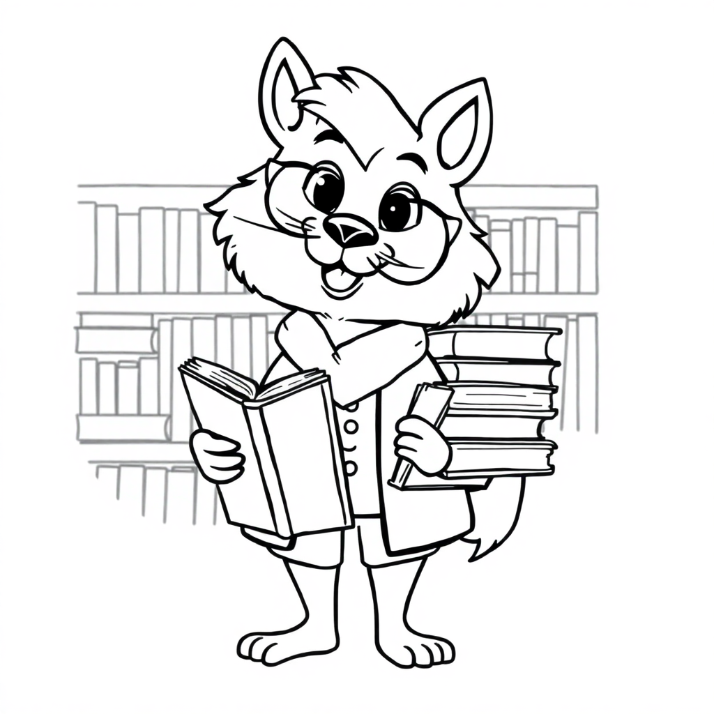 Wild Librarian With Books Coloring Page