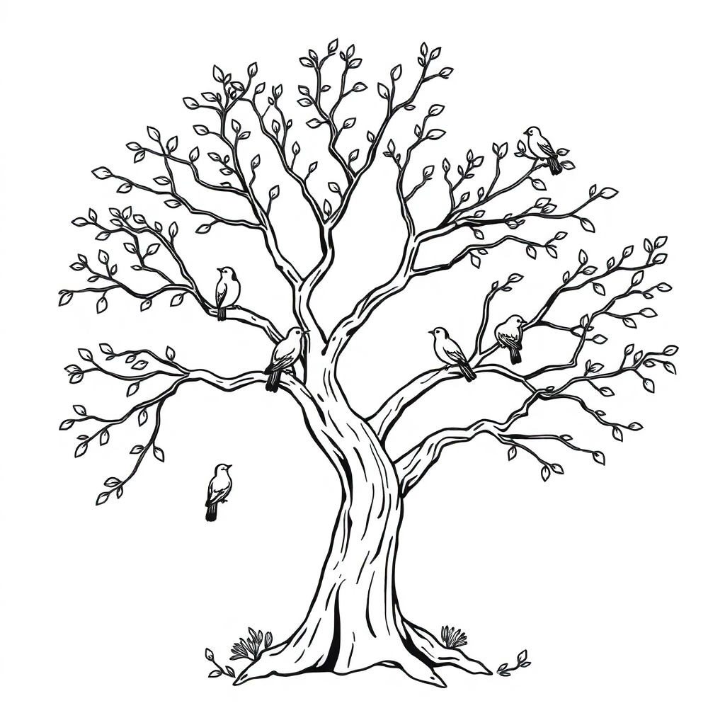 Wild Tree With Birds Coloring Page