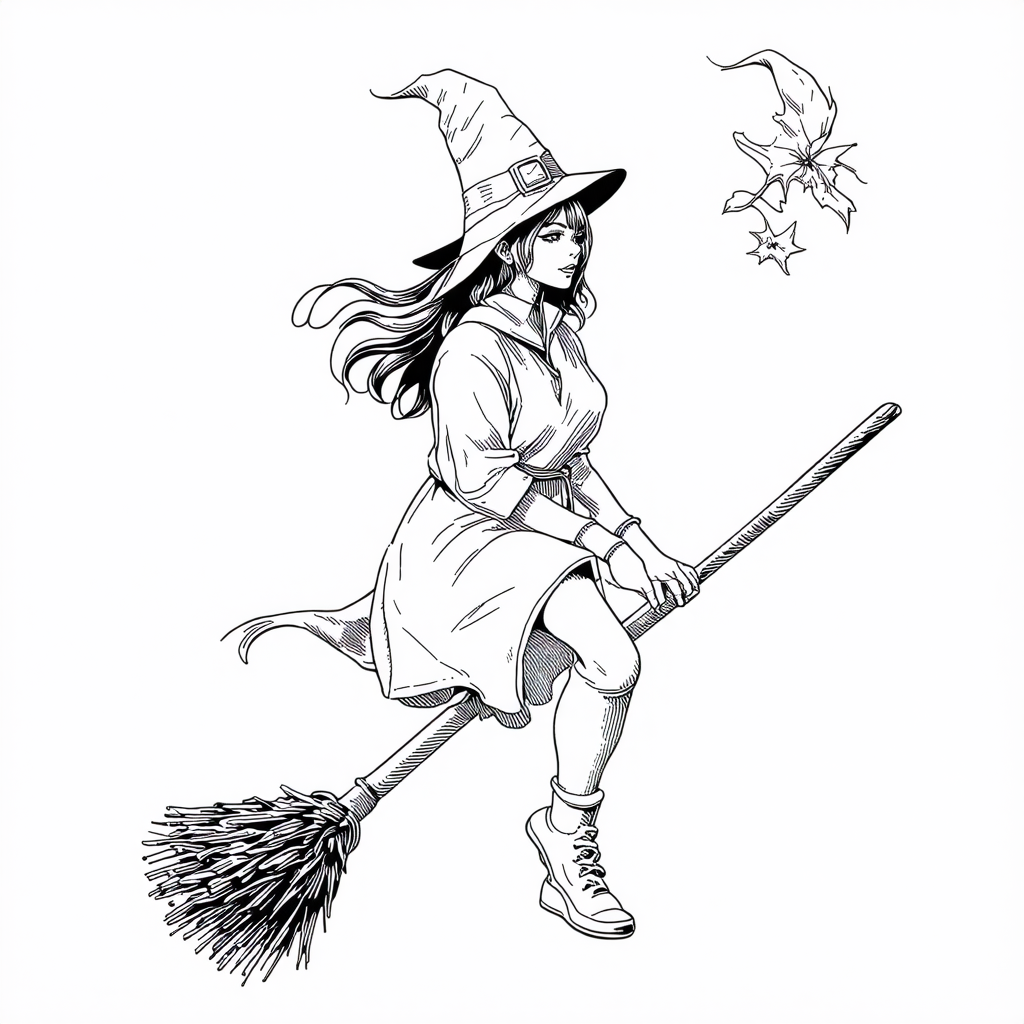 Witch On Broomstick Coloring Page