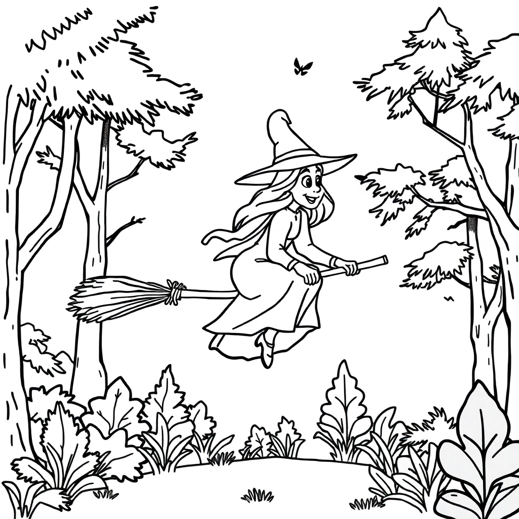 Witch On Broomstick In Forest Coloring Page