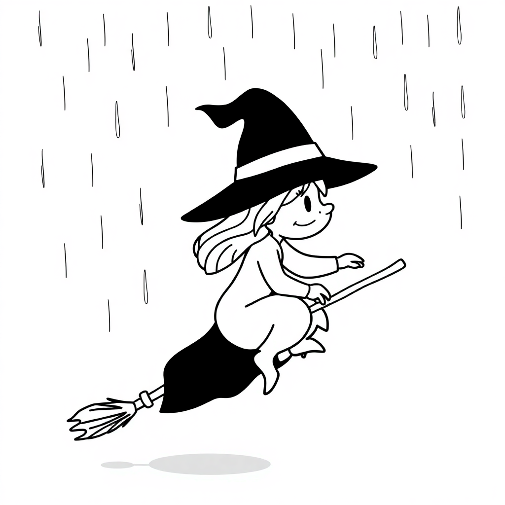 Witch On Broomstick In Rain Coloring Page
