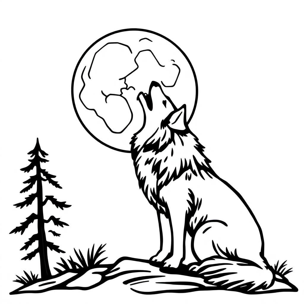 Wolf Howling At Moon At Night Coloring Page