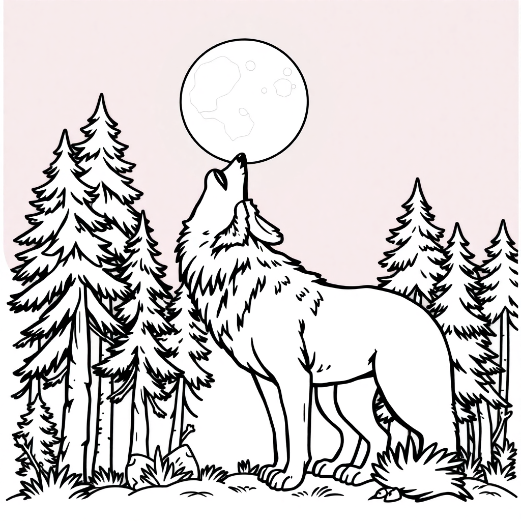 Wolf Howling At Moon In Forest Coloring Page