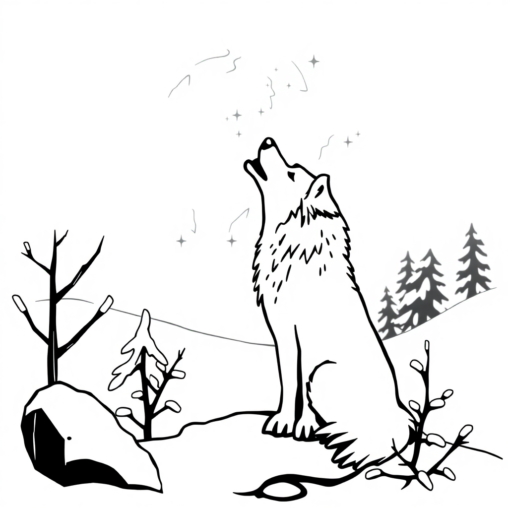 Wolf Howling At Moon In Winter Coloring Page
