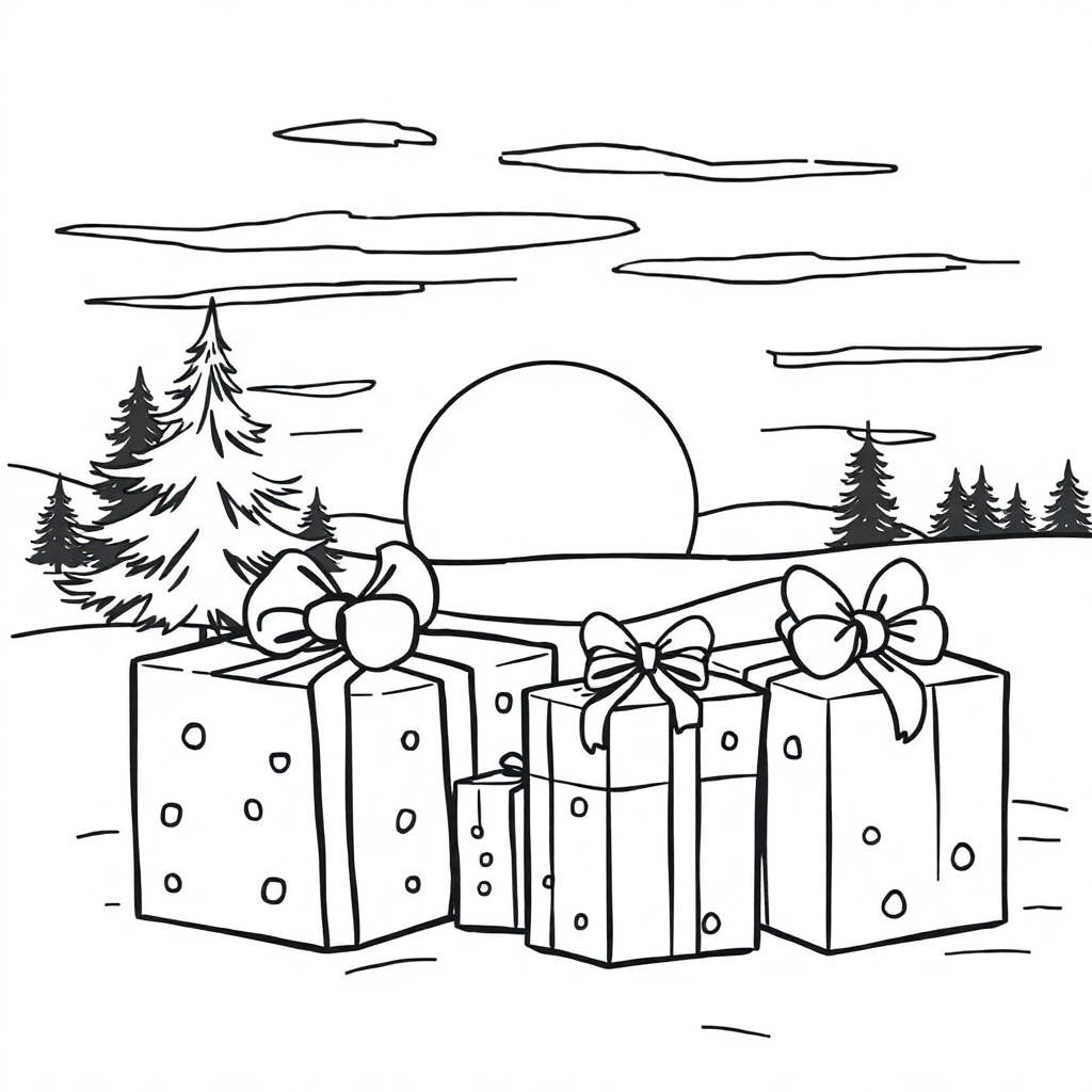 Wrapped Presents At Sunset Coloring Page